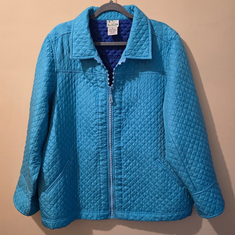 Quacker Factory Quilted Silk Jacket Women 1X Blue Rhinestone Zipper Lightweight